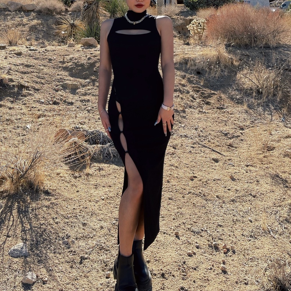 Black Long Dress Cut Out Split Thigh Size XS